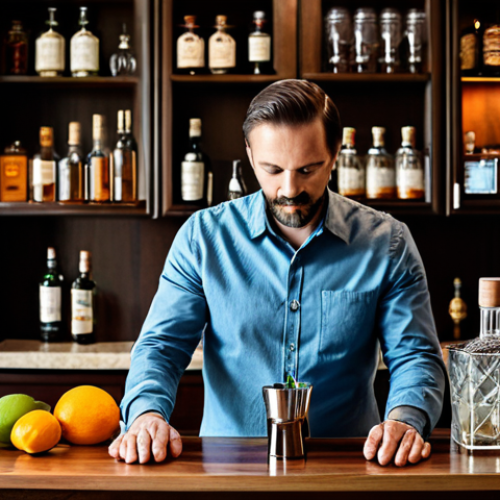 Home 11 A home bar enthusiast, fully clothed in neat, modest casual attire, confidently prepares an after-dinner drink at a well-organized home bar setup. The subject has perfect anatomy, correct proportions, and is in a natural pose, meticulously using a cocktail shaker and jigger. Well-formed hands are visible, ensuring proper finger count. High-quality bottles of spirits, fresh citrus, and herbs are arranged on the polished wooden counter in a warm, inviting home environment. The lighting is soft and ambient, creating a sophisticated atmosphere. This image is safe for work, appropriate content, fully clothed, and professional.